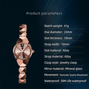 Spécifications de la montre quartz en or rose avec cadran 23mm et étanchéité 30M