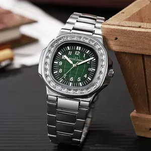 Macro shot of green grid dial with diamond bezel and stainless steel watch band