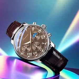 Close-up of Ganwa men's chronograph watch dial with brown leather strap and rose gold details