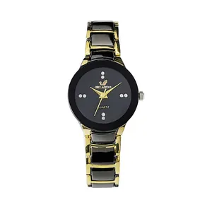 Elegant gold and black quartz watch for women with rhinestone markers and metal band