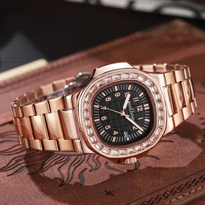 Luxury rose gold men's watch with diamond bezel and black textured dial on leather background