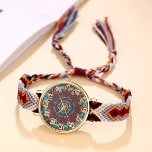 Boho Gewebtes Armband Uhr Für Damen Ethno Mandala Muster Zifferblatt Verstellbar Handgefertigt Baumwolle Quarz Armbanduhr Vintage Schmuck
