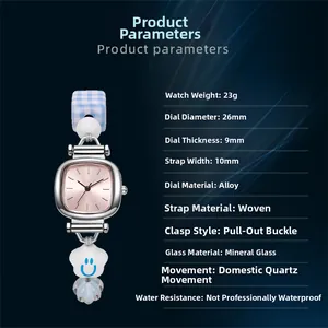 Technical specifications for a ceramic beaded watch with pink dial and braided strap