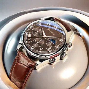 Macro shot of silver men's watch with brown leather strap and classic moon phase dial