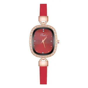 Elegant ladies vintage oval watch with red gradient dial and rose gold crystal bezel