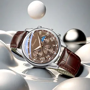 Detail of Garnwa men's chronograph watch with moon phase and brown leather strap