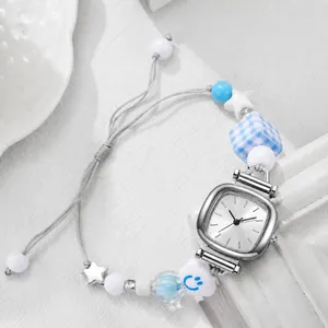 Women's Fashion Square Dial Quartz Watch With Cute Beaded Braided Rope Strap Smile Face Checkered Cube Artistic Hand-Woven Jewelry Watch