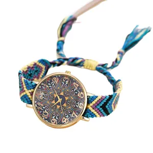 Boho-Damenarmbanduhr mit Mandala-Zifferblatt und buntem geflochtenem Quastenband