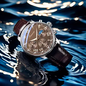 Detail view of a men's quartz chronograph watch with brown leather strap over blue water