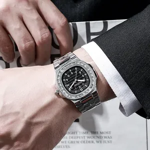 Close-up of luxury men's watch with baguette-set bezel and black horizontal textured dial