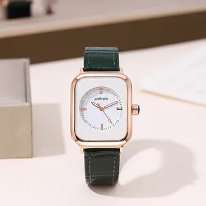 Elegant rose gold square watch for women with green crocodile leather strap and white dial