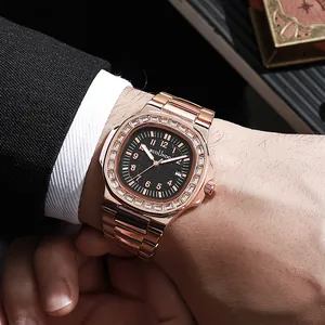 Close-up of luxury men's watch with rose gold diamond bezel and black checkered dial