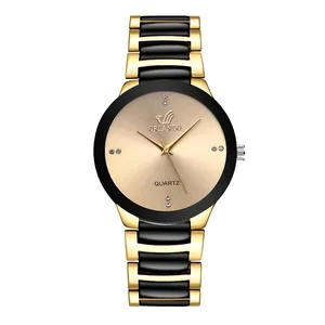Reloj de cuarzo para mujer con correa de aleación oro negro y diamantes en esfera dorada
