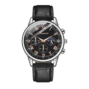Ganwa men's business quartz watch with black leather strap and rose gold roman numerals