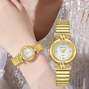 Montre à Quartz pour Femmes Mode Vintage Boîtier en Alliage Bracelet Élastique en Acier Inoxydable Cadran en Strass Montre Élégante