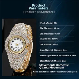 Detailed view of rhinestone quartz watch featuring 33mm alloy dial and elastic strap