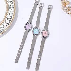 Elegant ladies square quartz watch with crystal markers and silver mesh strap in three colors