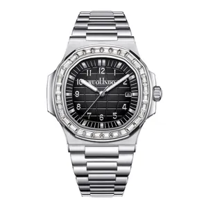 Silver stainless steel watch with black grid dial and crystal-set bezel for men
