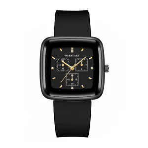 All-black square quartz watch with golden hands, rhinestone markers, and silicone strap
