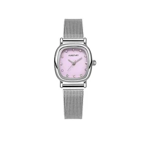 Women's silver square quartz watch with purple crystal dial and mesh strap on white background