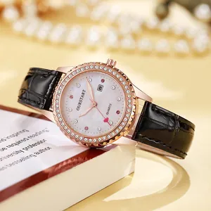 Montre à Quartz Élégante pour Femme Cadran en Nacre Lunette en Strass Calendrier Date Lumineux Bracelet en Similicuir