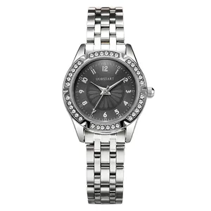 Elegant silver women's quartz watch with a diamond-set bezel and dark sunburst dial