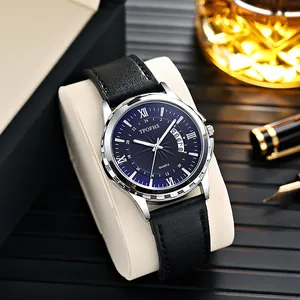 Montre à quartz classique pour homme avec cadran bleu et bracelet en cuir noir élégant