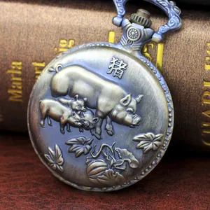 Detail of vintage bronze pocket watch featuring a 3D zodiac pig relief carving