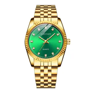 Orologio al quarzo da uomo in oro con quadrante verde a raggio di sole e cristalli