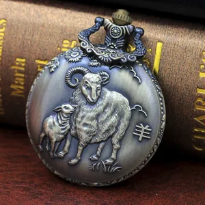 Close-up of vintage bronze zodiac pocket watch featuring a detailed ram relief carving