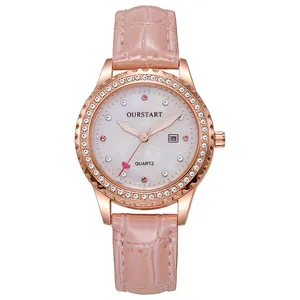 Montre femme quartz or rose avec cadran nacré et bracelet cuir rose crocodile