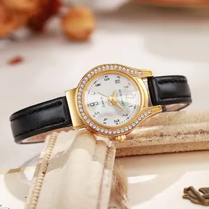 Detail of luxury women's watch featuring a rainbow mother of pearl dial and crystal bezel