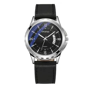 Montre à quartz pour hommes avec bracelet en cuir noir et cadran bleu étoilé