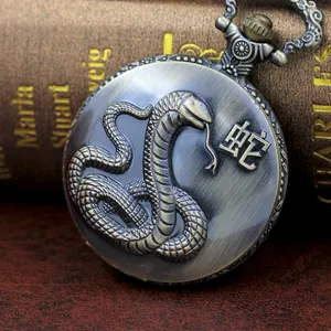 Detailed close-up of a vintage bronze pocket watch featuring a 3D embossed cobra snake design