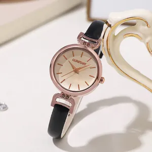 Elegante orologio da donna in oro rosa con quadrante champagne e cinturino in pelle nera