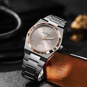 Detailed side view of RUOLINDO quartz watch with day-date display and steel band