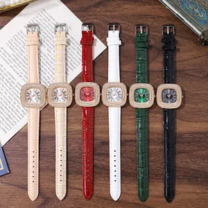 Elegant square quartz watch set for women with diamond bezel and crocodile leather straps