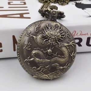 Macro shot of bronze dragon pocket watch cover with Chinese character carving and metal chain