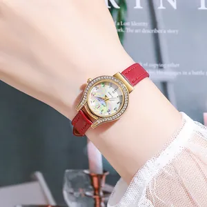 Elegant women's quartz watch with red leather strap, gold diamond bezel, and mother-of-pearl dial