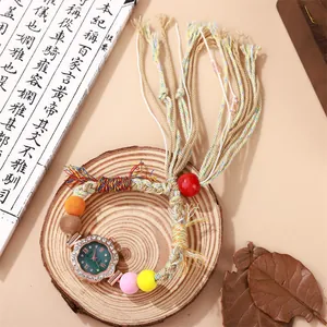 Bohemian Gewebte Armbanduhr Damen Strass Legierung Blumen Gehäuse Ethnisch Handseil Perlen Verstellbare Quarzuhr Schmuck Geschenk