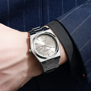 Close-up of stainless steel quartz watch with dual calendar display and silver metal strap