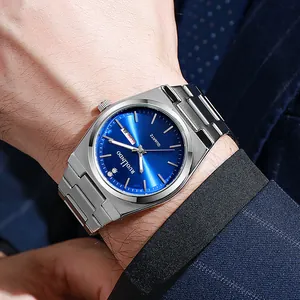 Men's business quartz watch with blue sunray dial and silver stainless steel strap
