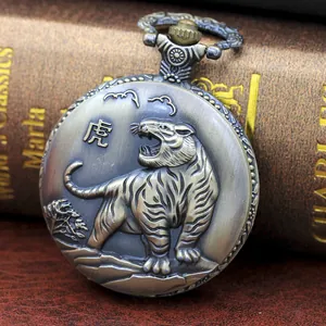 Detailed close-up of vintage bronze pocket watch featuring a 3D embossed tiger design