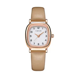 Minimalistische Quarzuhr für Damen mit roségoldenem Rechteckgehäuse und braunem Lederband