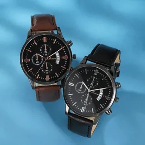 Detailed macro view of Ganuva quartz watches with chronograph dials and leather straps