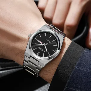 Business men's quartz watch with stainless steel band and dual date display on black dial