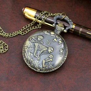 Vintage Bronze Twelve Zodiac Pocket Watch Quartz Movement Embossed Animal Design With Chain Retro Roman Numerals Pendant Watch Jewelry