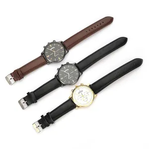 Three men's quartz watches with leather straps and calendar display in various colors