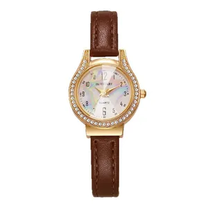 Elegant gold quartz watch for women with sparkling rhinestones and brown leather strap