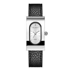 Vintage style rectangular silver quartz watch for women with black leather strap